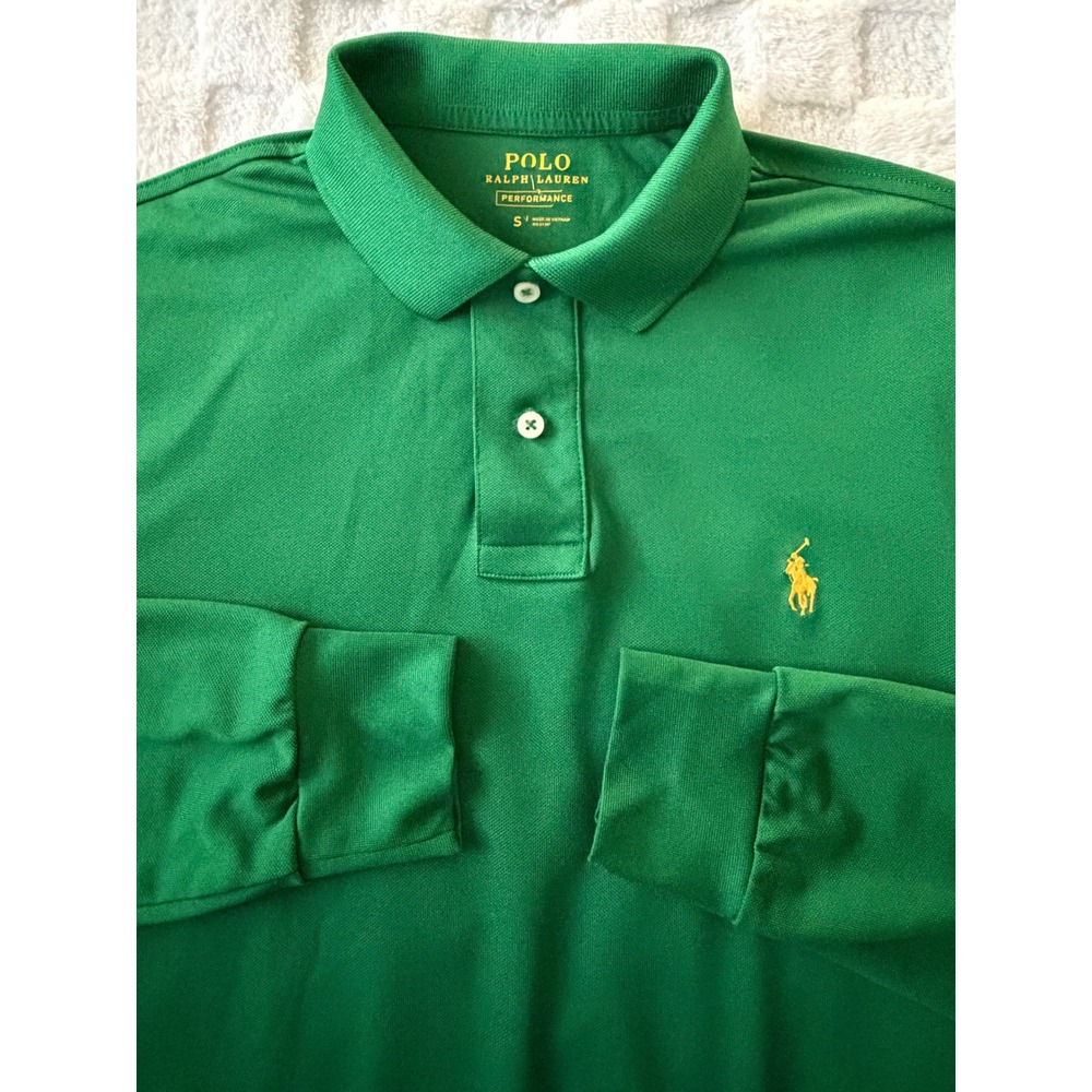 Polo Ralph Lauren Performance Mens Small Green Long Sleeve Polo Yellow Pony